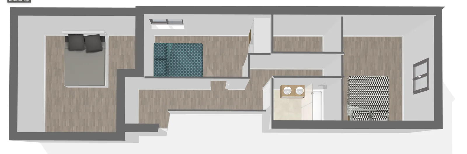 Plan d'aménagement 3D d'un étage : trois chambres, salle de bain et dégagement